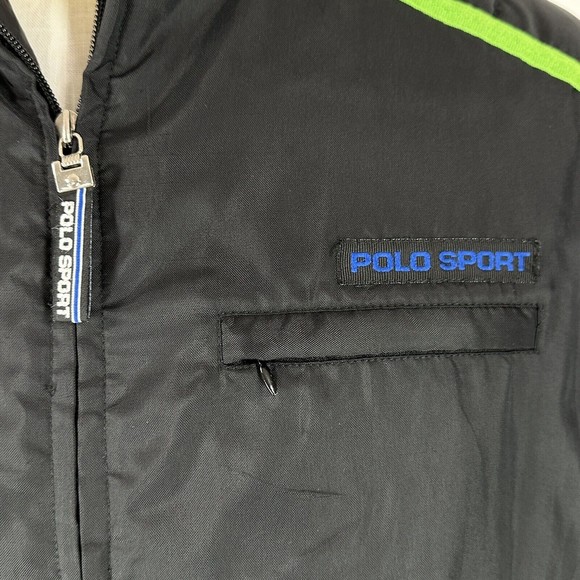 Vtg Polo Sport Coat Jacket Ralph Lauren Black Nylon Mens M Green Strip Logo Warm - Picture 3 of 11